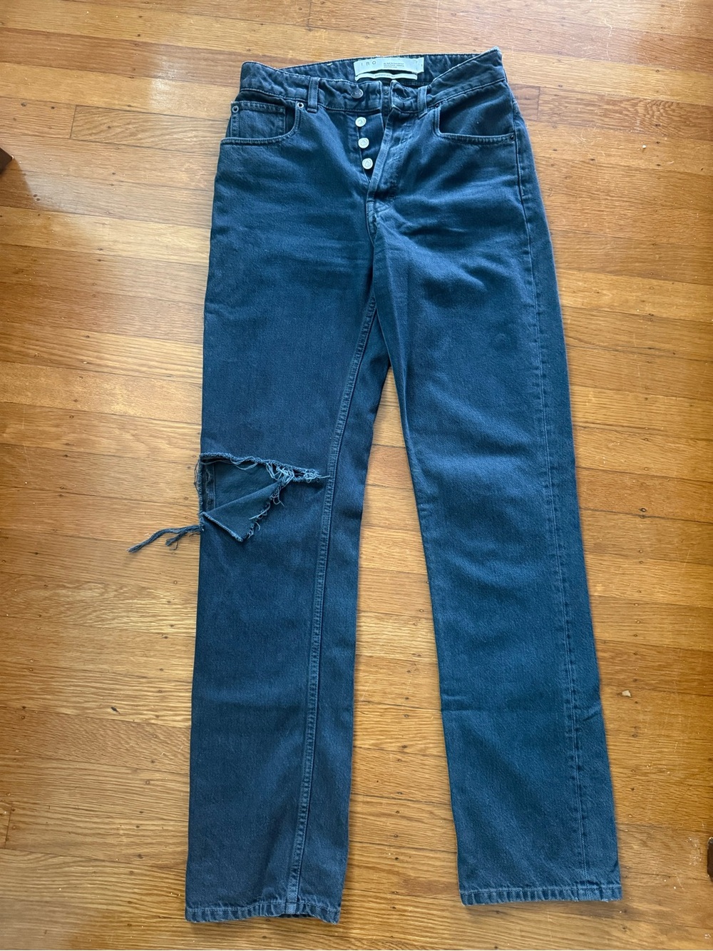 IRO Dark Gray Straight Leg Jeans with Distressed Knee